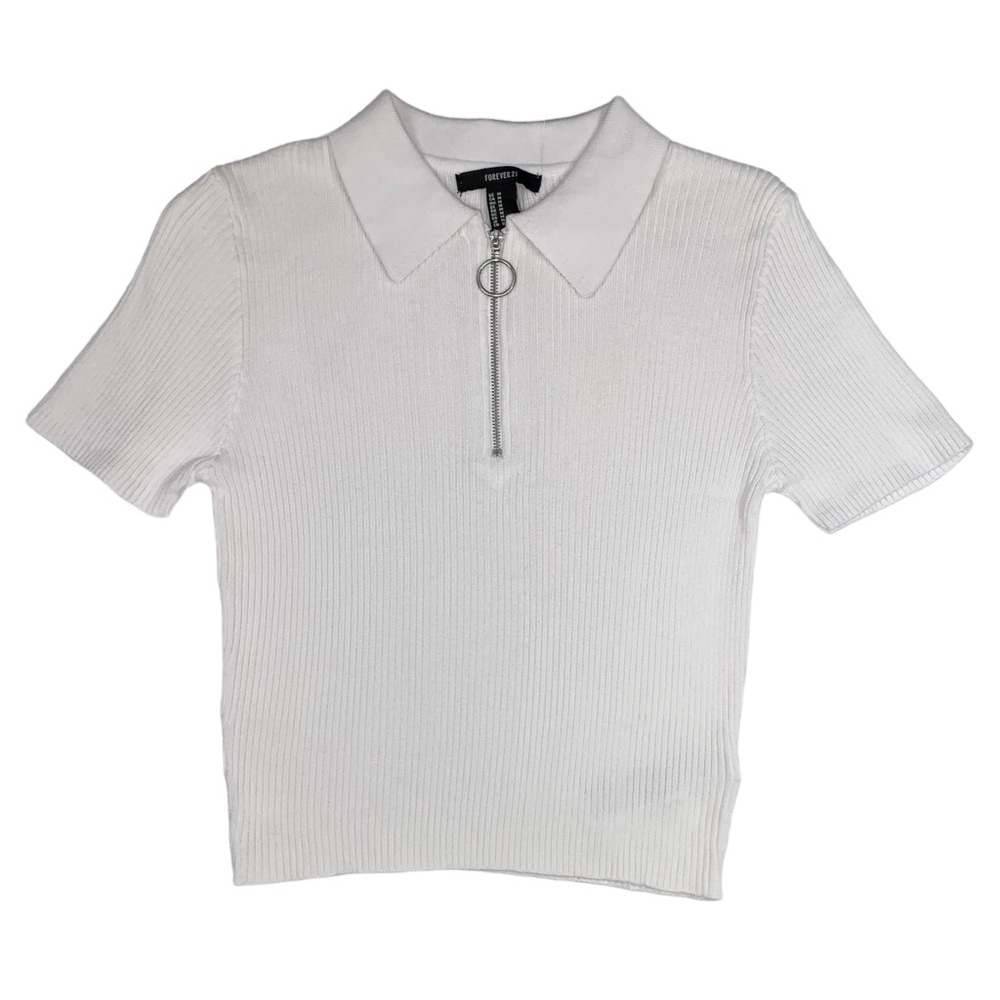 Forever 21 White Ribbed Half Zip Collar Crop Top
